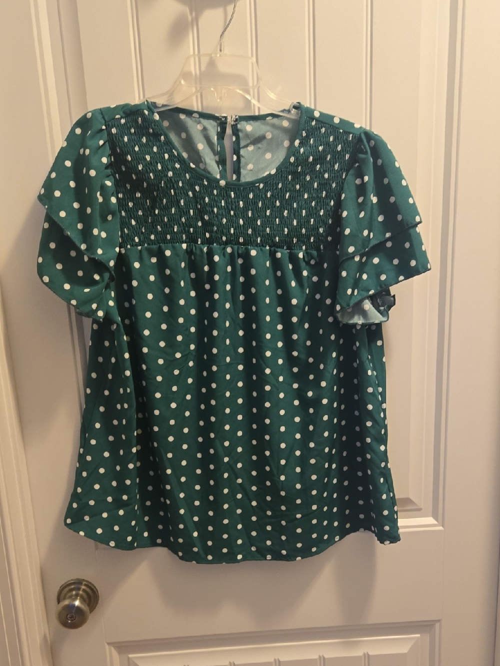 Polka Dot Smocked Flutter Sleeve Top - Green